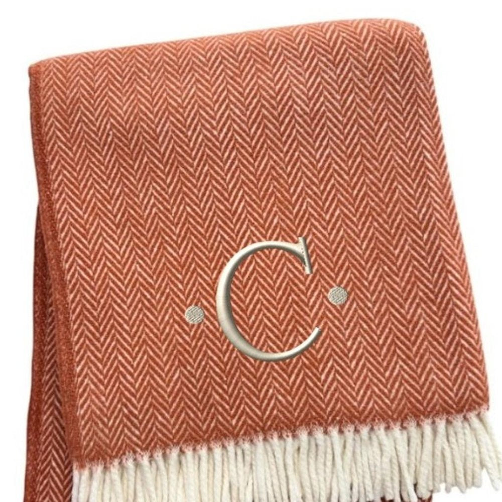 55" X 70" Terra Cotta And White Herringbone Cotton Blend S Initial Throw Blanket with Tassels And Embroidery