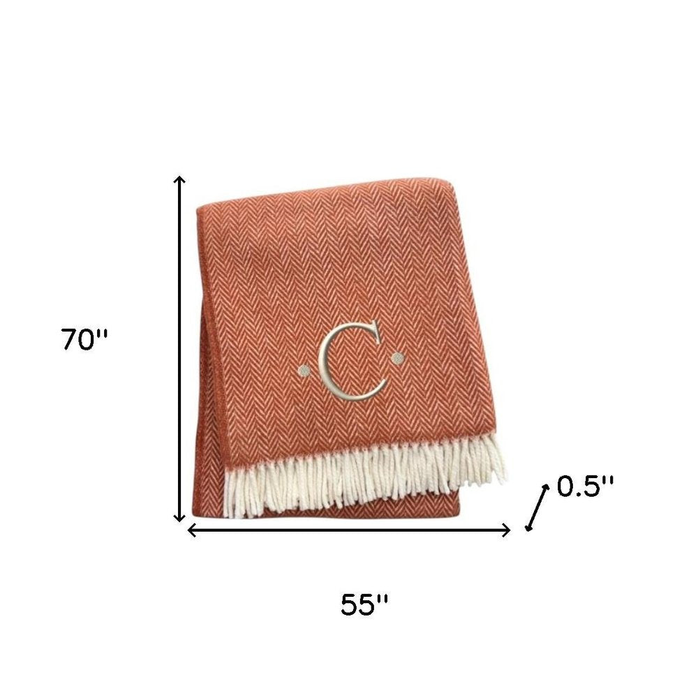 55" X 70" Terra Cotta And White Herringbone Cotton Blend S Initial Throw Blanket with Tassels And Embroidery