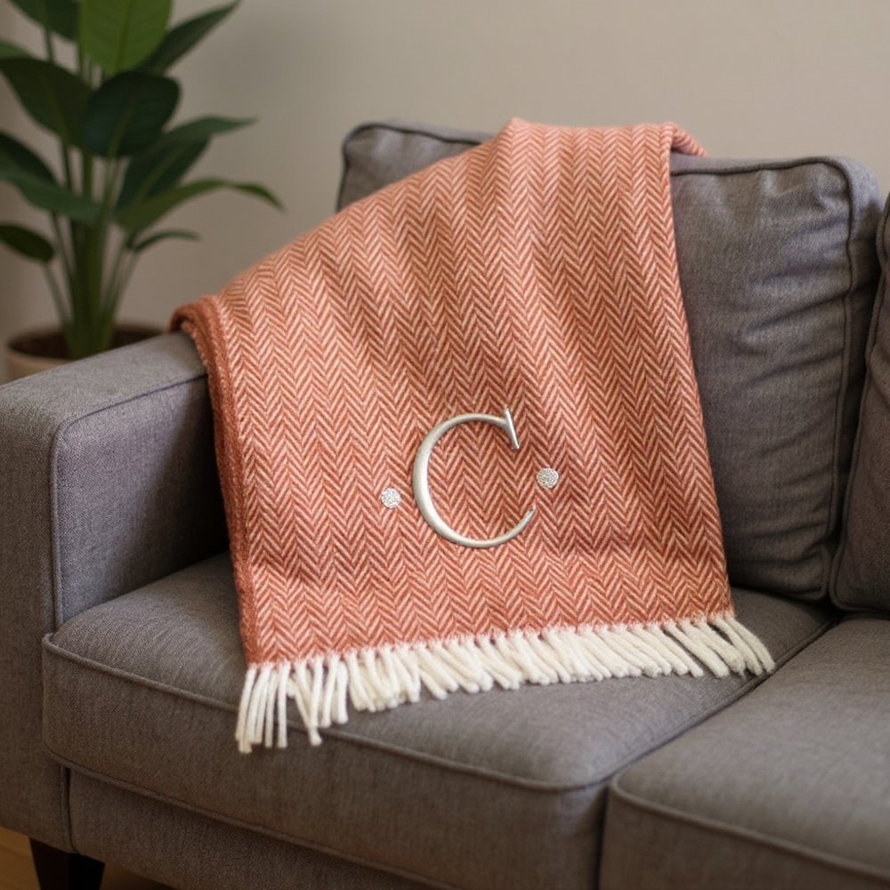55" X 70" Terra Cotta And White Herringbone Cotton Blend S Initial Throw Blanket with Tassels And Embroidery