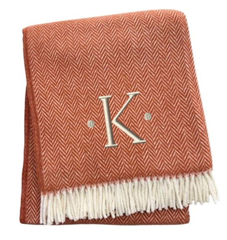 55" X 70" Terra Cotta And White Herringbone Cotton Blend S Initial Throw Blanket with Tassels And Embroidery
