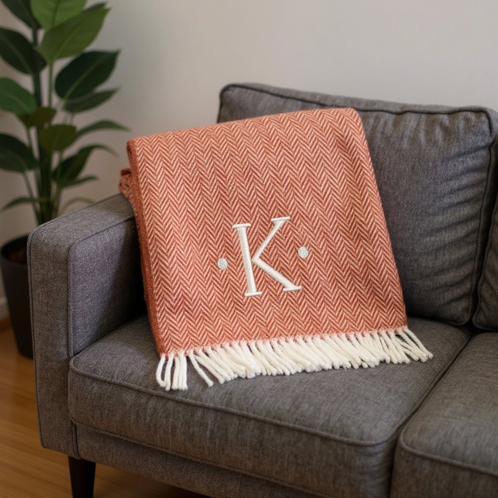 55" X 70" Terra Cotta And White Herringbone Cotton Blend S Initial Throw Blanket with Tassels And Embroidery