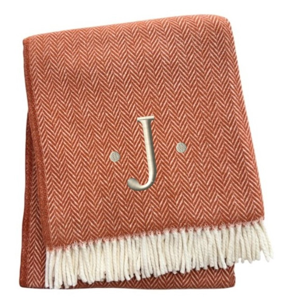 55" X 70" Terra Cotta And White Herringbone Cotton Blend S Initial Throw Blanket with Tassels And Embroidery