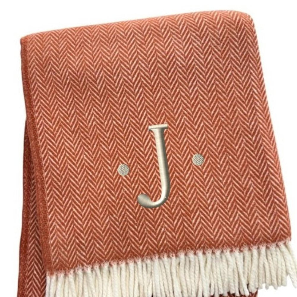 55" X 70" Terra Cotta And White Herringbone Cotton Blend S Initial Throw Blanket with Tassels And Embroidery