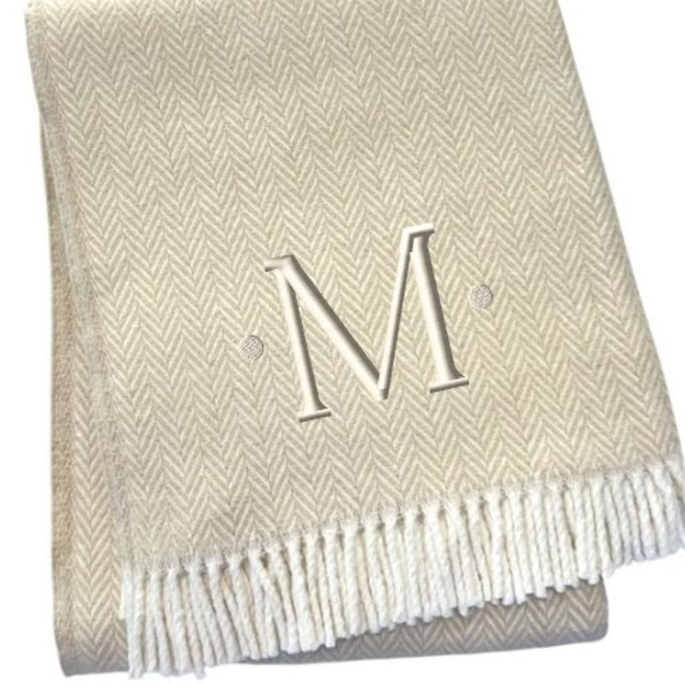 55" X 70" Linen And White Herringbone Cotton Blend S Initial Throw Blanket with Tassels And Embroidery