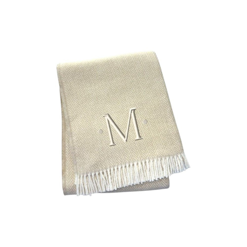 55" X 70" Linen And White Herringbone Cotton Blend S Initial Throw Blanket with Tassels And Embroidery