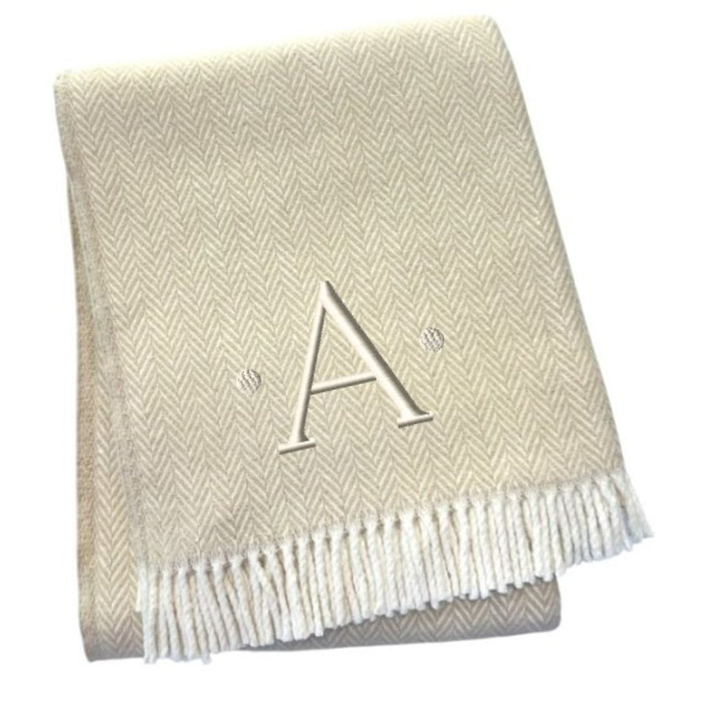 55" X 70" Linen And White Herringbone Cotton Blend S Initial Throw Blanket with Tassels And Embroidery