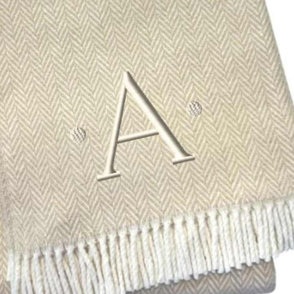 55" X 70" Linen And White Herringbone Cotton Blend S Initial Throw Blanket with Tassels And Embroidery
