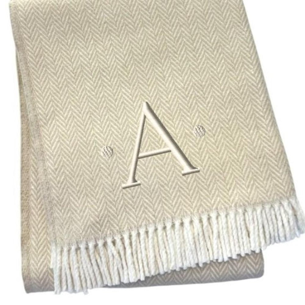 55" X 70" Linen And White Herringbone Cotton Blend S Initial Throw Blanket with Tassels And Embroidery