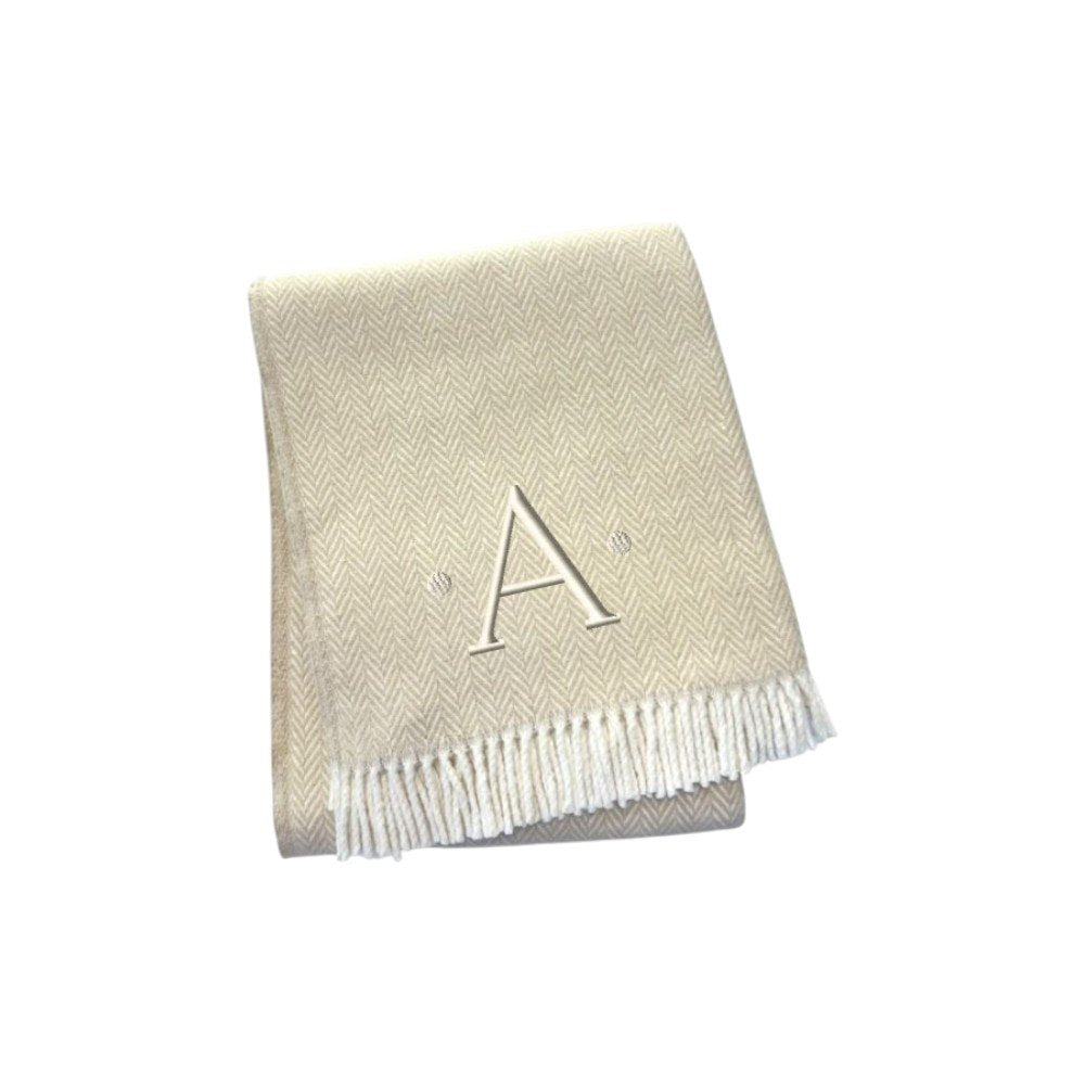 55" X 70" Linen And White Herringbone Cotton Blend S Initial Throw Blanket with Tassels And Embroidery