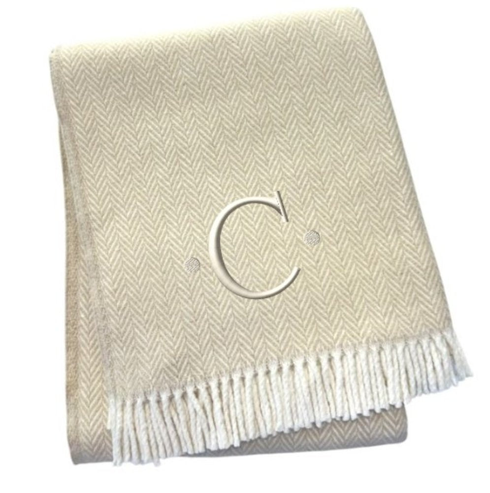 55" X 70" Linen And White Herringbone Cotton Blend S Initial Throw Blanket with Tassels And Embroidery