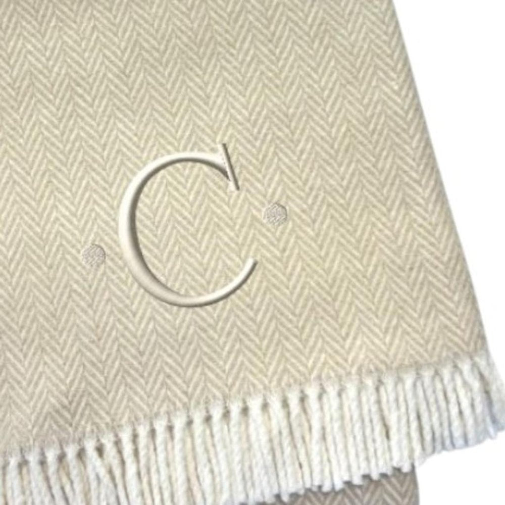 55" X 70" Linen And White Herringbone Cotton Blend S Initial Throw Blanket with Tassels And Embroidery