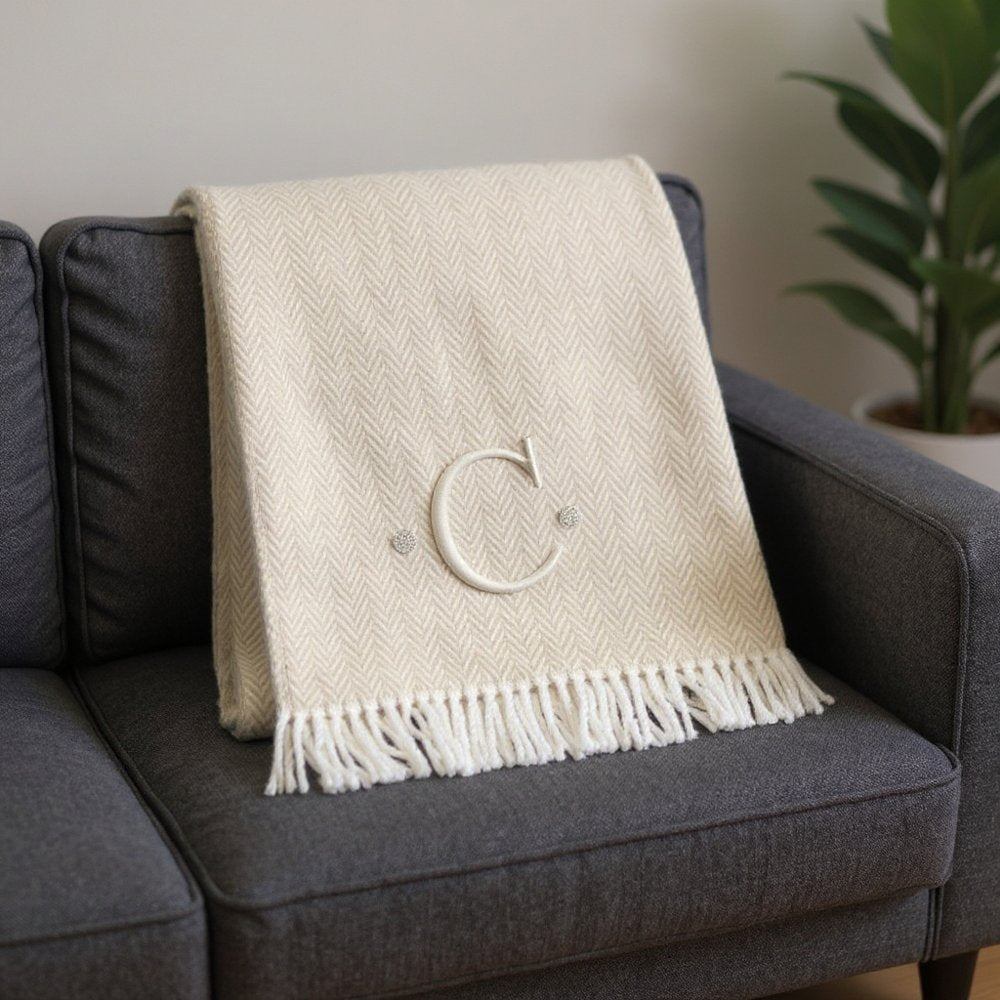 55" X 70" Linen And White Herringbone Cotton Blend S Initial Throw Blanket with Tassels And Embroidery