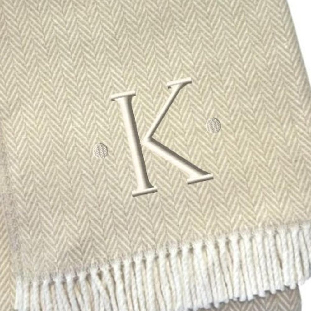 55" X 70" Linen And White Herringbone Cotton Blend S Initial Throw Blanket with Tassels And Embroidery