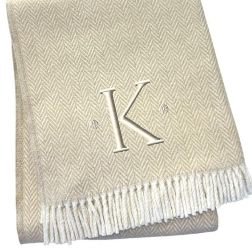 55" X 70" Linen And White Herringbone Cotton Blend S Initial Throw Blanket with Tassels And Embroidery
