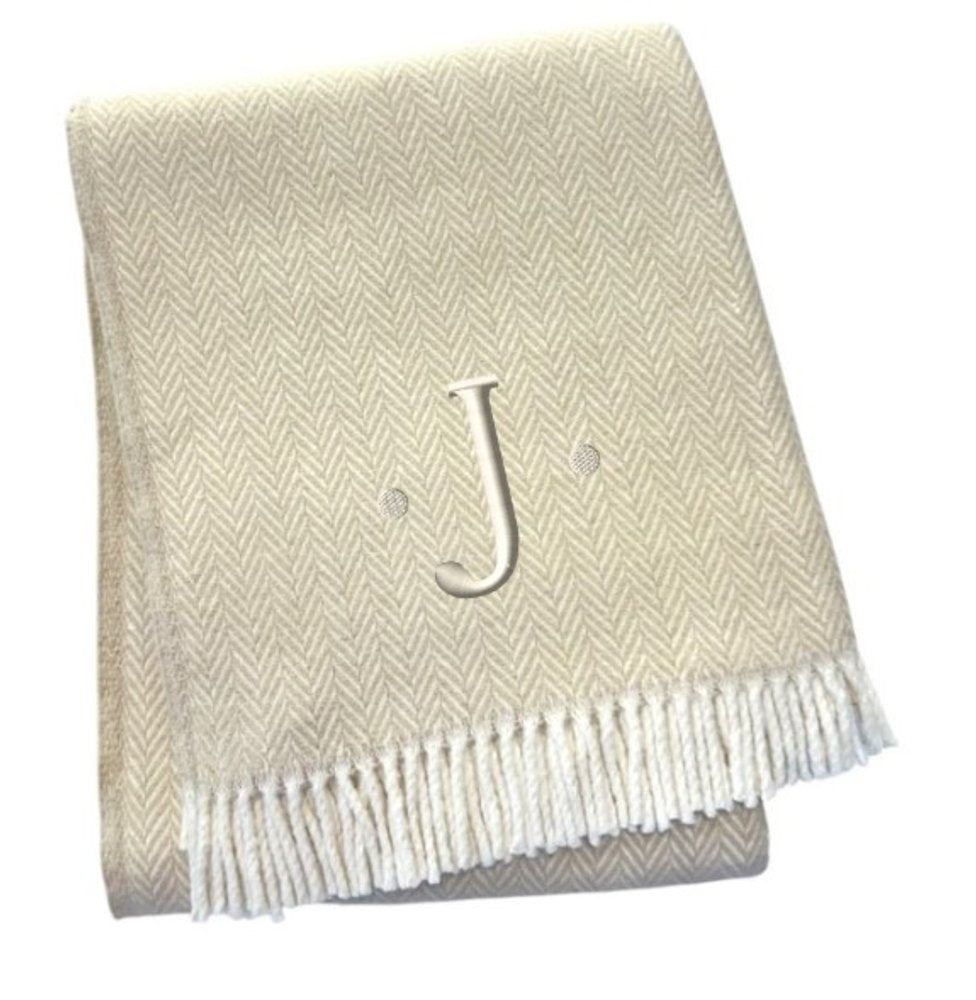 55" X 70" Linen And White Herringbone Cotton Blend S Initial Throw Blanket with Tassels And Embroidery