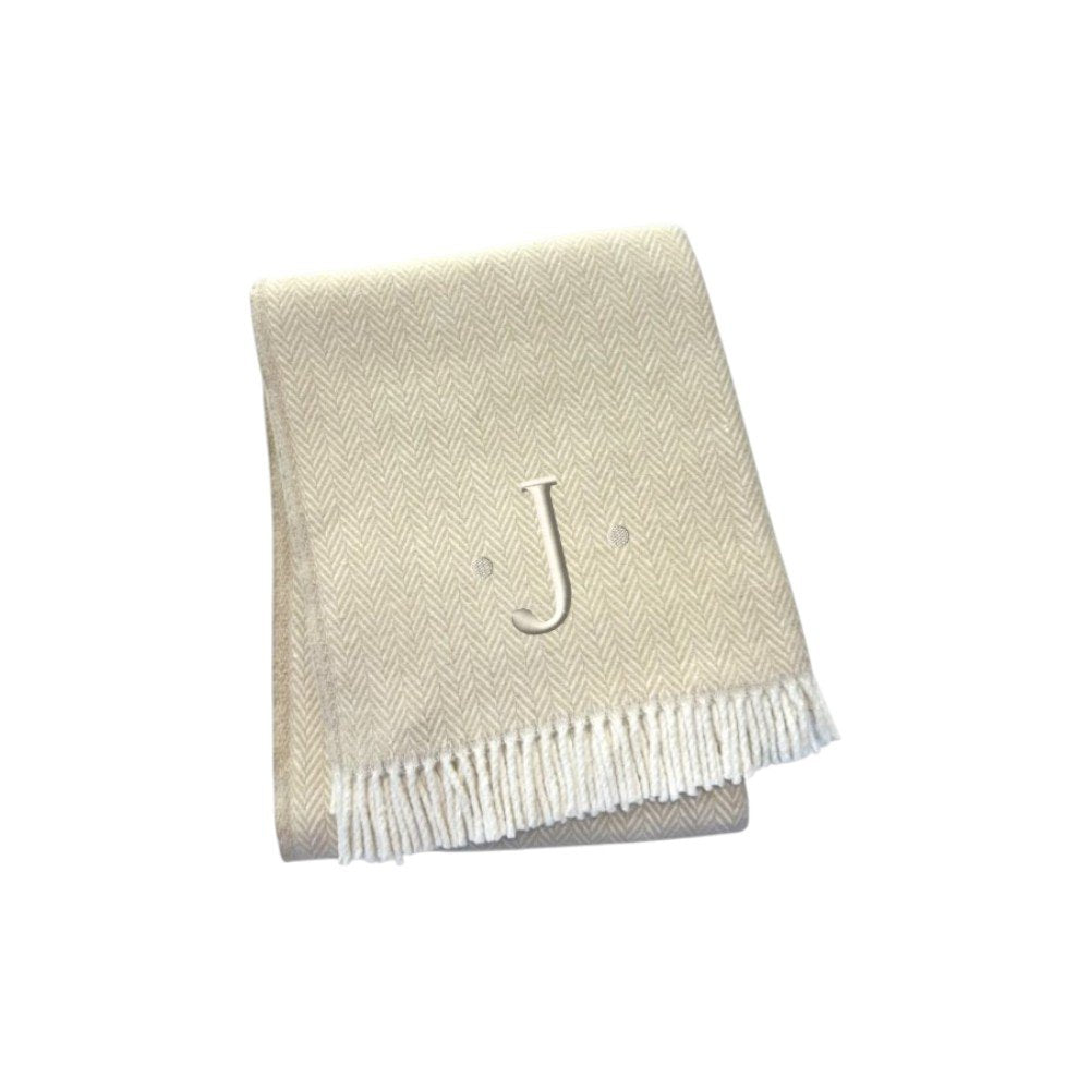 55" X 70" Linen And White Herringbone Cotton Blend S Initial Throw Blanket with Tassels And Embroidery