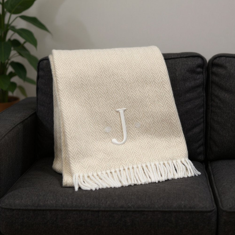 55" X 70" Linen And White Herringbone Cotton Blend S Initial Throw Blanket with Tassels And Embroidery