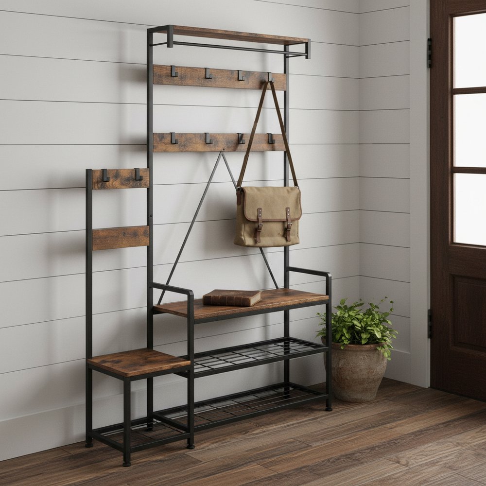 71" Black And Brown Rustic Ten Hook Coat Rack Storage Bench