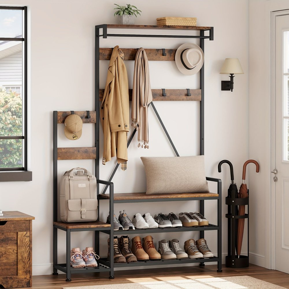 71" Black And Brown Rustic Ten Hook Coat Rack Storage Bench