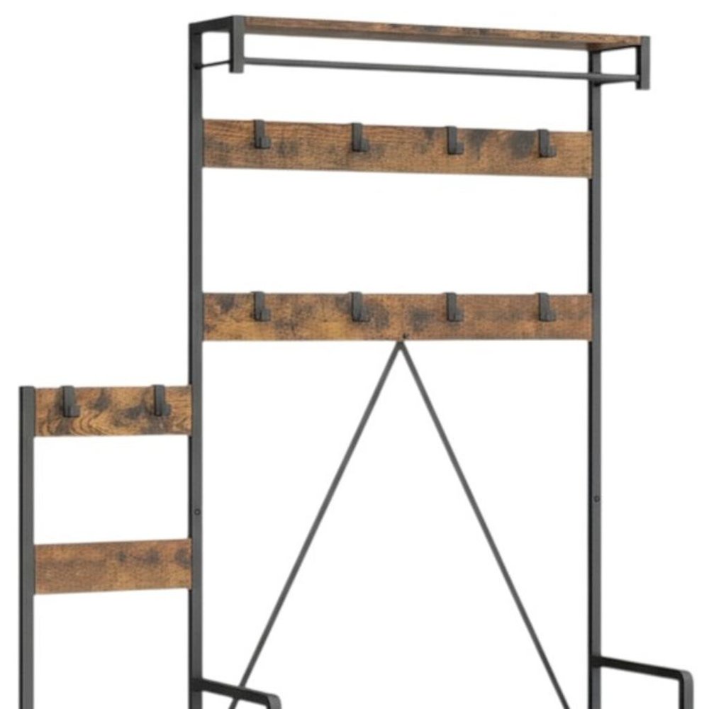 71" Black And Brown Rustic Ten Hook Coat Rack Storage Bench