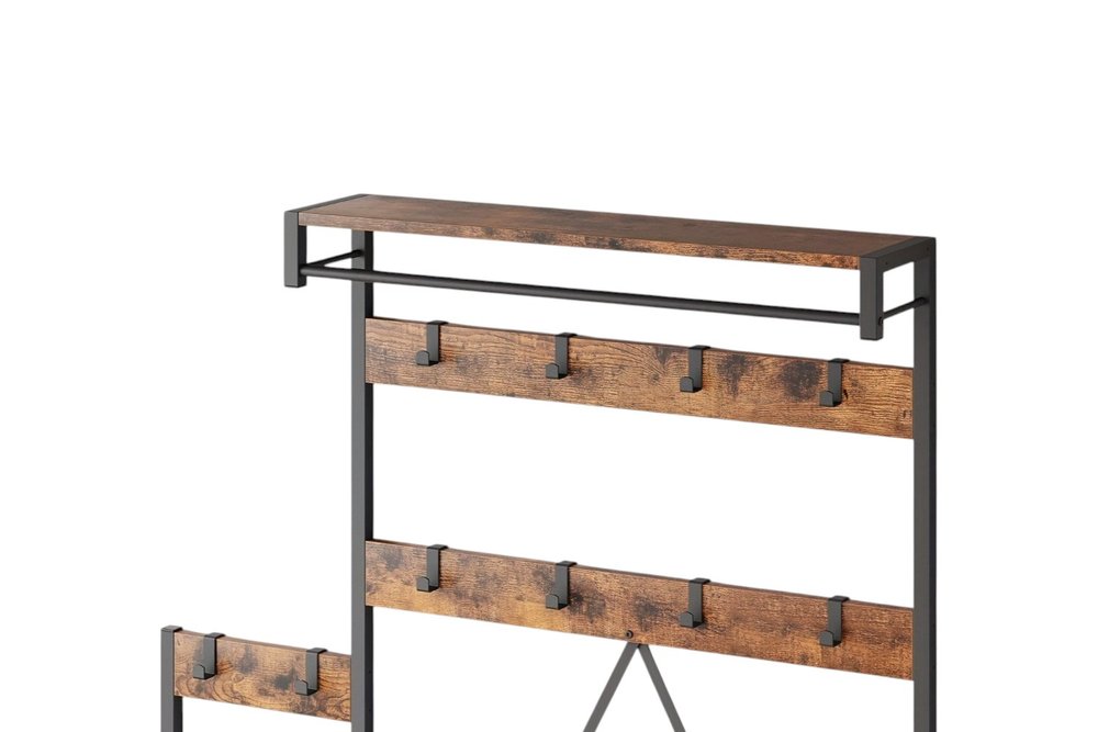 71" Black And Brown Rustic Ten Hook Coat Rack Storage Bench