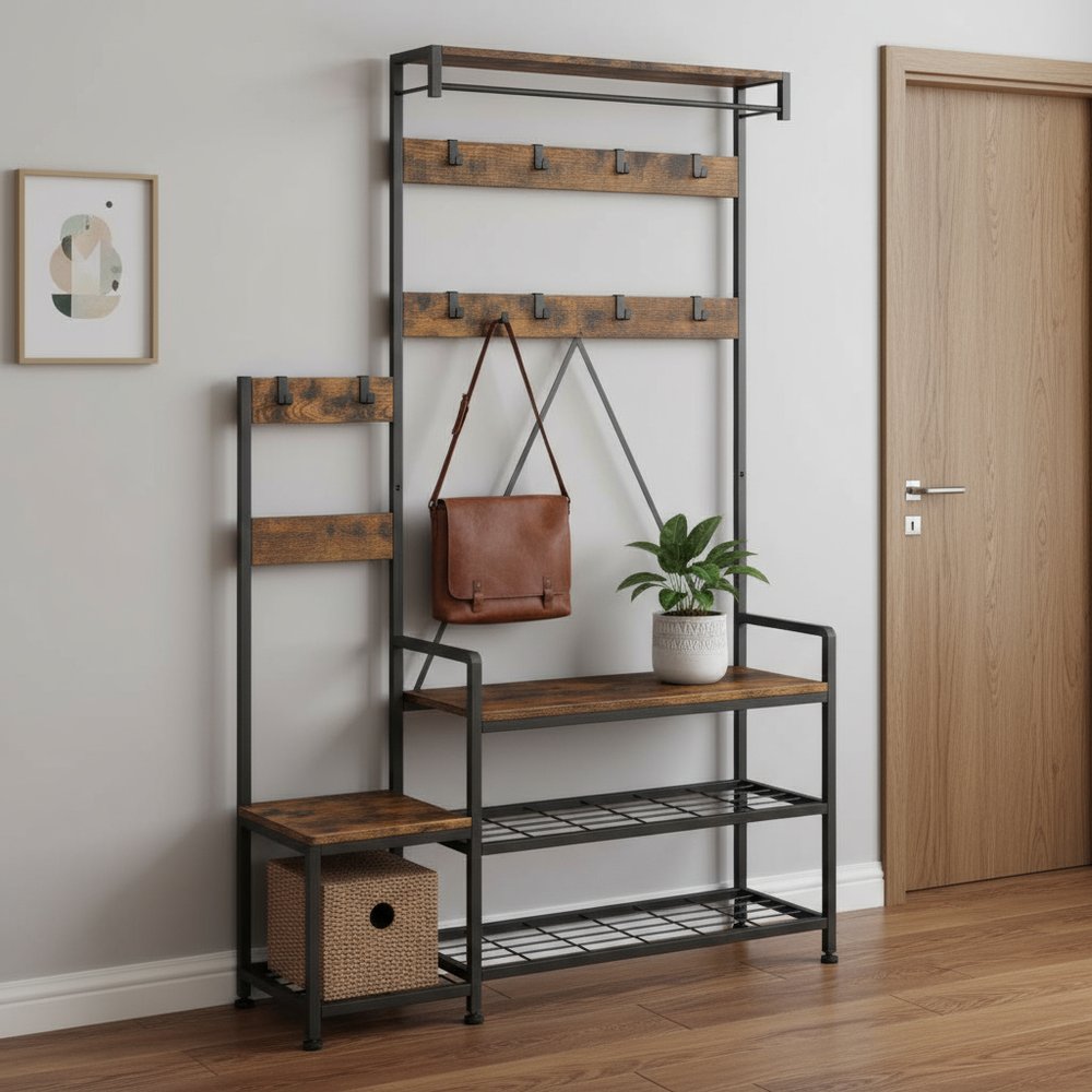 71" Black And Brown Rustic Ten Hook Coat Rack Storage Bench