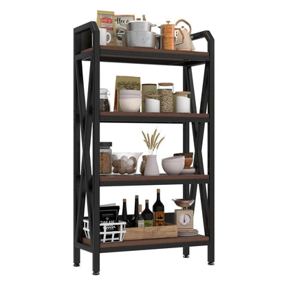 56" Black And Brown Metal and Wood Four Tier Etagere Bookcase