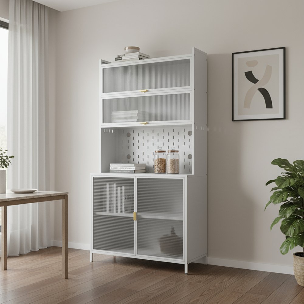73" White Stainless Steel Textured Door Dining Hutch With Two Doors