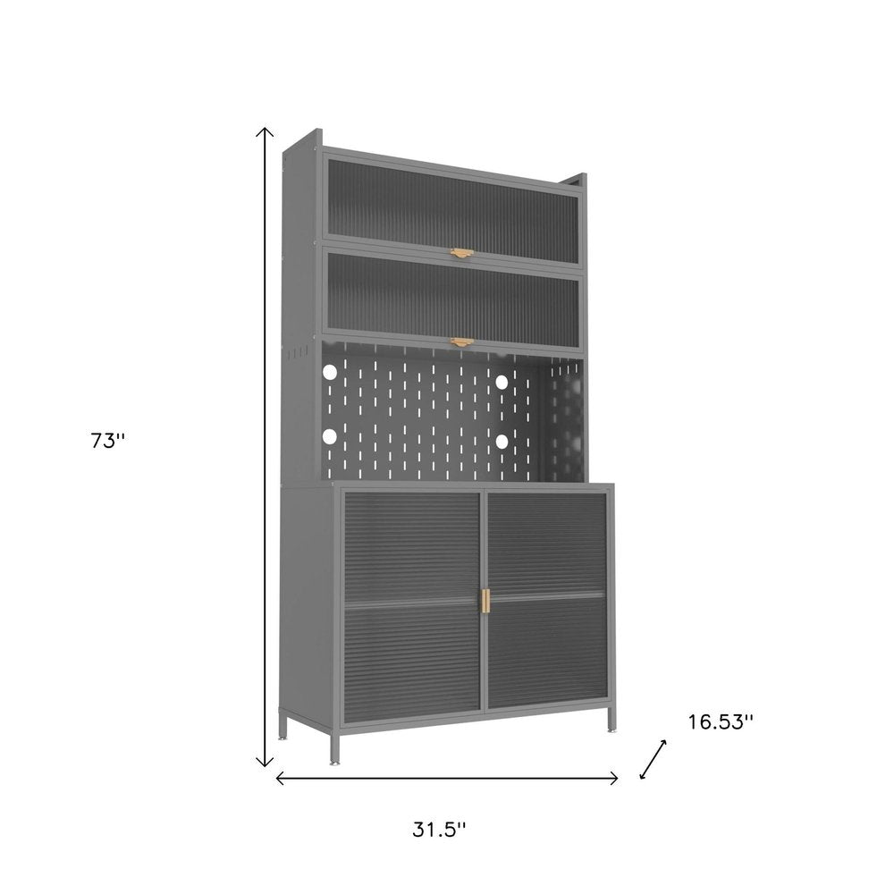 73" Gray Stainless Steel Textured Door Dining Hutch With Two Doors