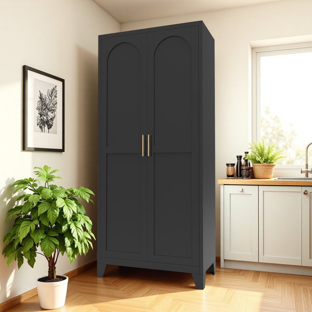 71" Black Stainless Steel Pantry Or Storage Closet With Arched Panel Doors