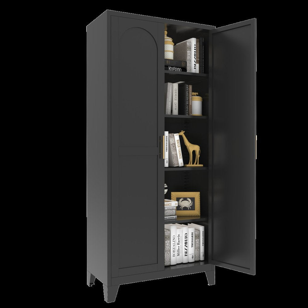 71" Black Stainless Steel Pantry Or Storage Closet With Arched Panel Doors