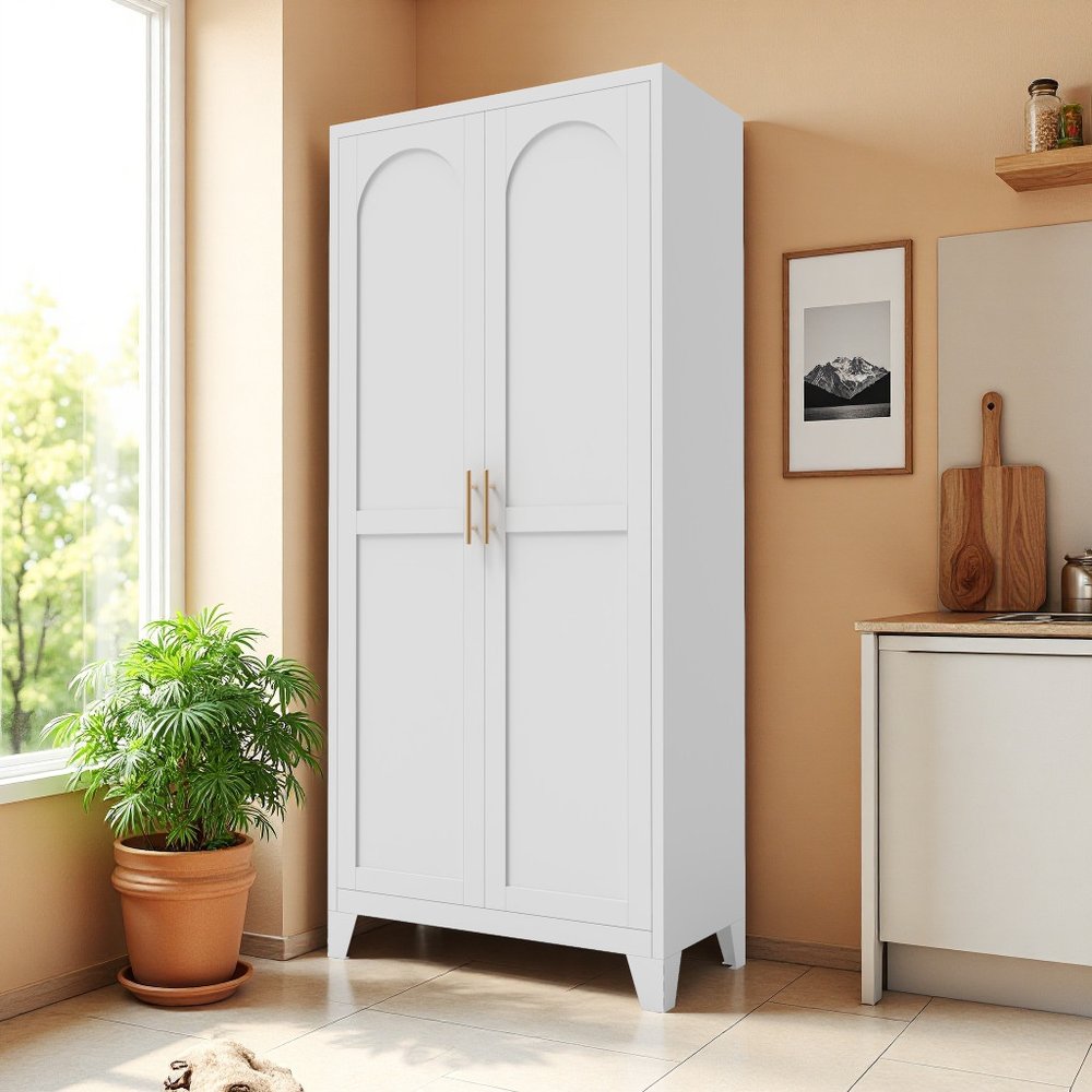 71" White Steel Pantry Or Storage Closet With Arched Panel Doors