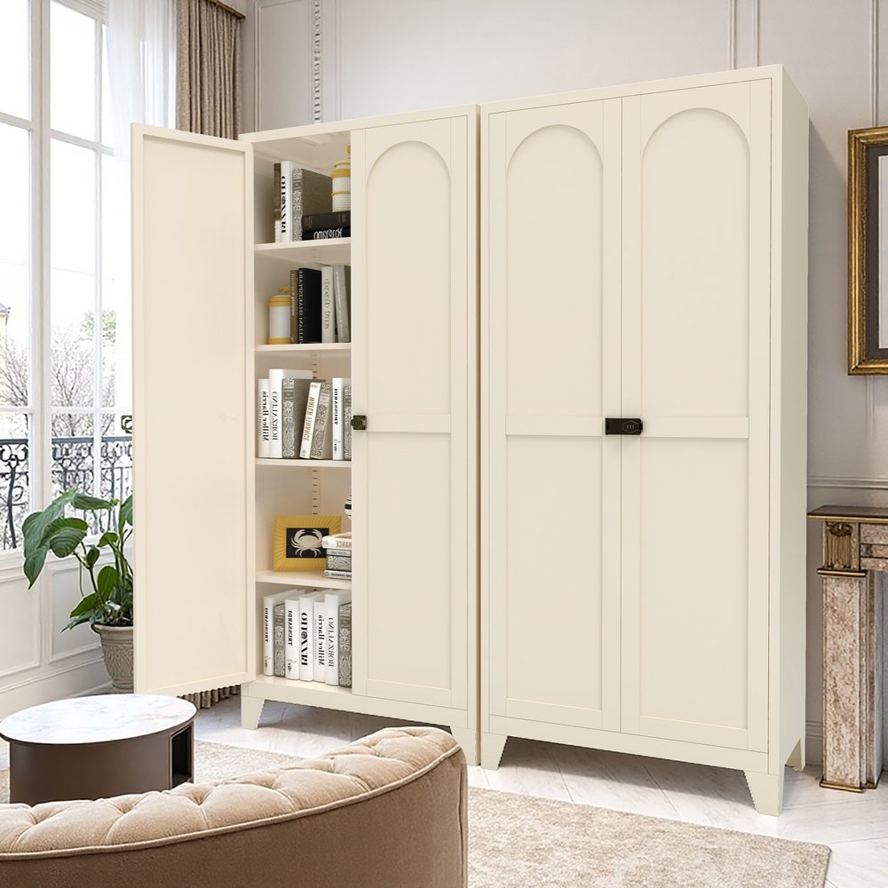 71" Cream Stainless Steel Locking Pantry Or Storage Closet With Arched Panel Doors