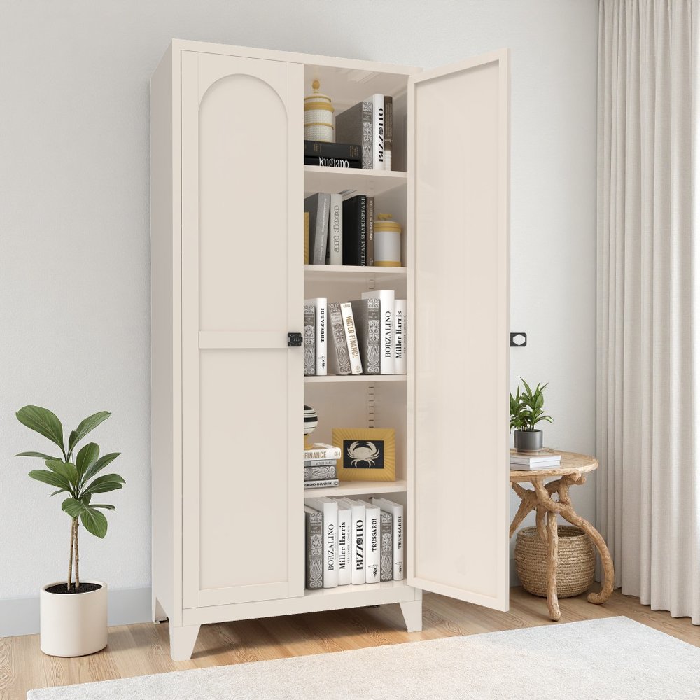 71" Cream Stainless Steel Locking Pantry Or Storage Closet With Arched Panel Doors
