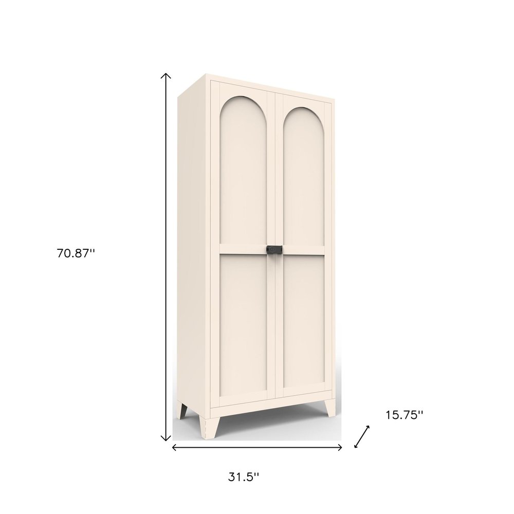 71" Cream Stainless Steel Locking Pantry Or Storage Closet With Arched Panel Doors