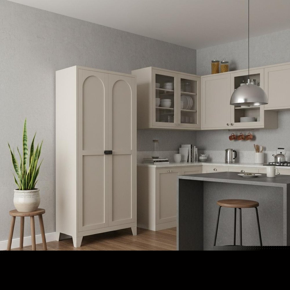 71" Cream Stainless Steel Locking Pantry Or Storage Closet With Arched Panel Doors