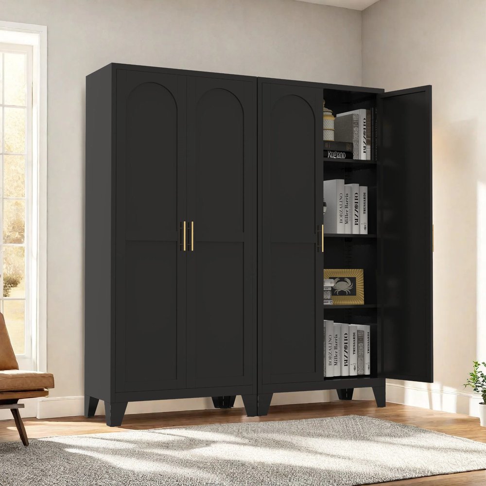 61" Black Stainless Steel Pantry Or Storage Closet With Arched Panel Doors
