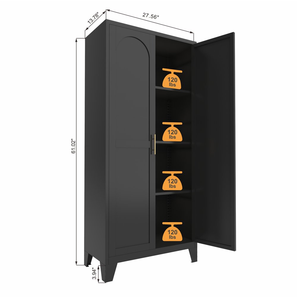61" Black Stainless Steel Pantry Or Storage Closet With Arched Panel Doors