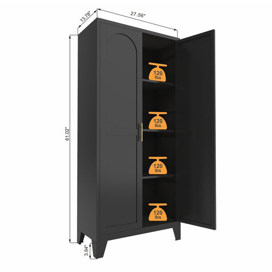 61" Black Stainless Steel Pantry Or Storage Closet With Arched Panel Doors