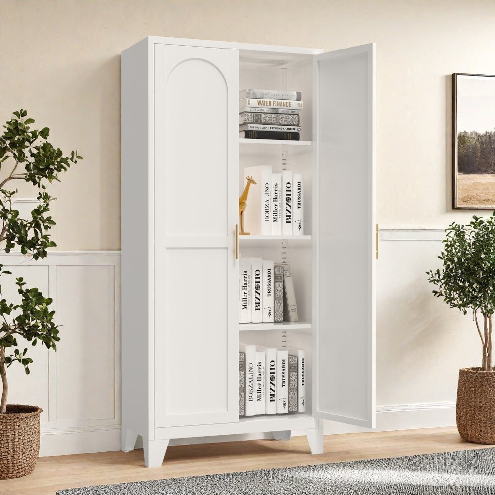 61" White Stainless Steel Pantry Or Storage Closet With Arched Panel Doors