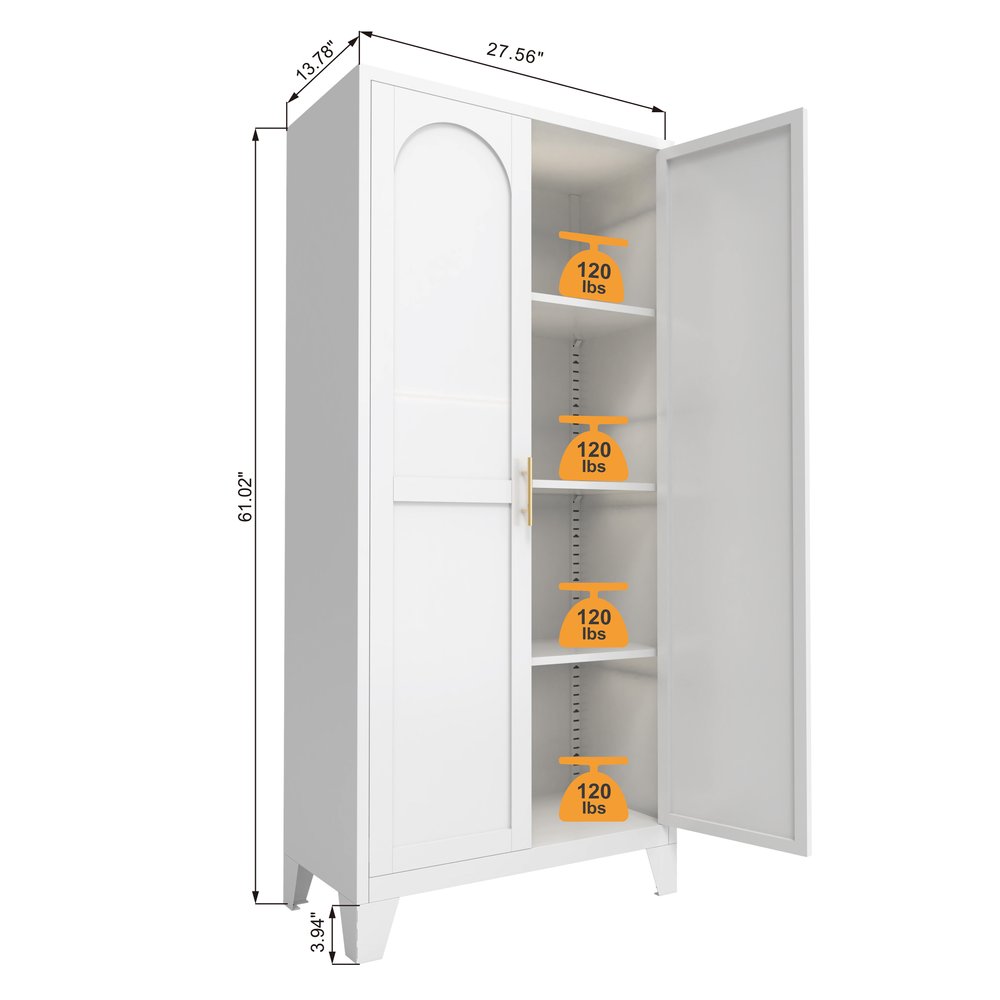 61" White Stainless Steel Pantry Or Storage Closet With Arched Panel Doors