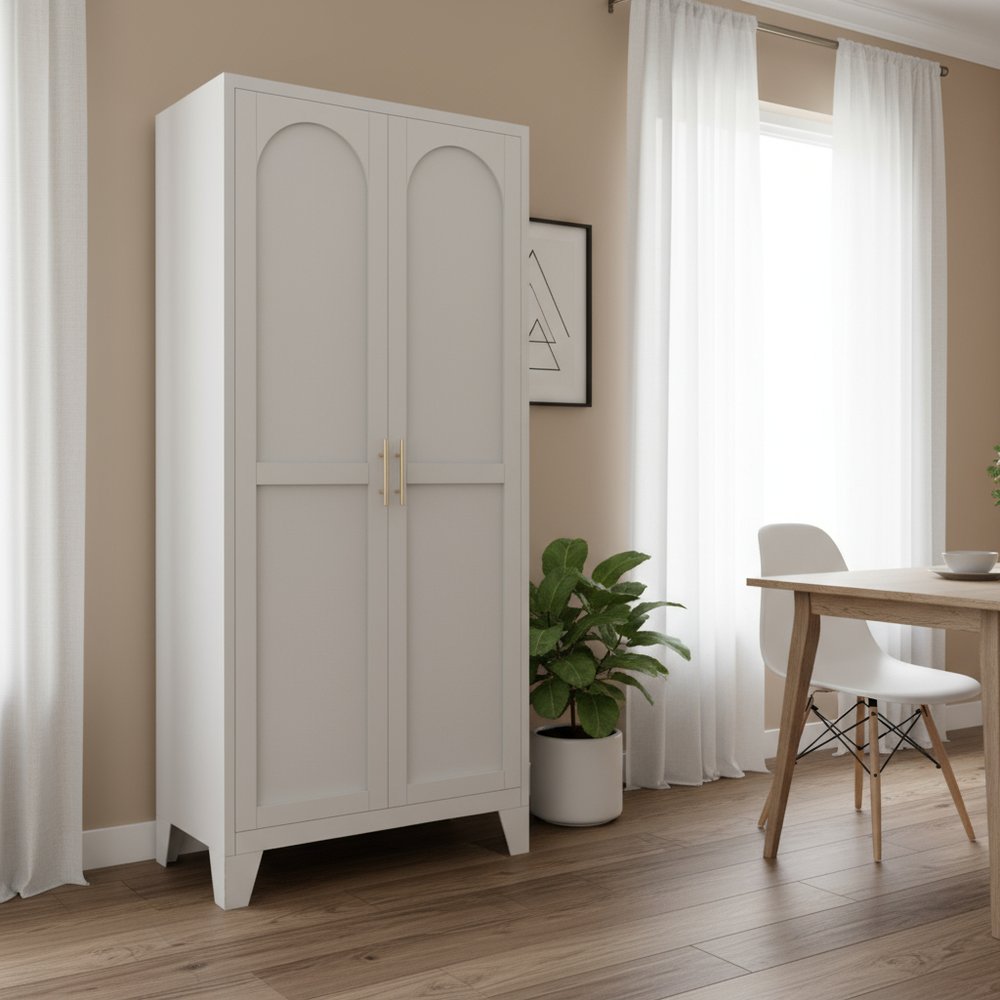 61" White Stainless Steel Pantry Or Storage Closet With Arched Panel Doors