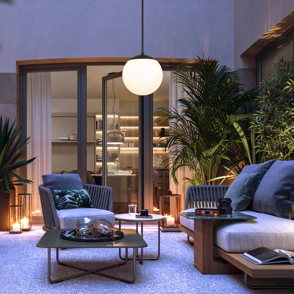 10" Black And White Frosted LED Dimmable Outdoor Globe Hanging Light