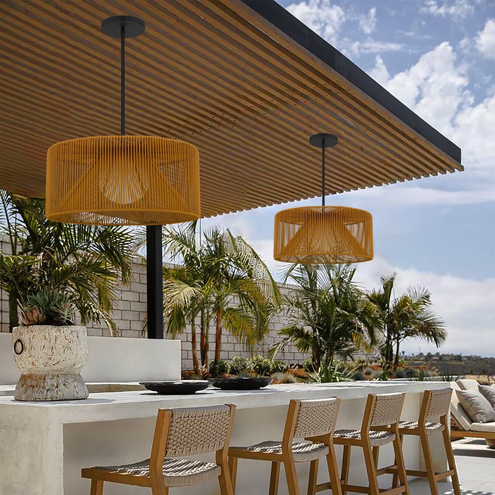 Natural And Black Rattan String And Metal LED Dimmable Outdoor Hanging Pendent Light