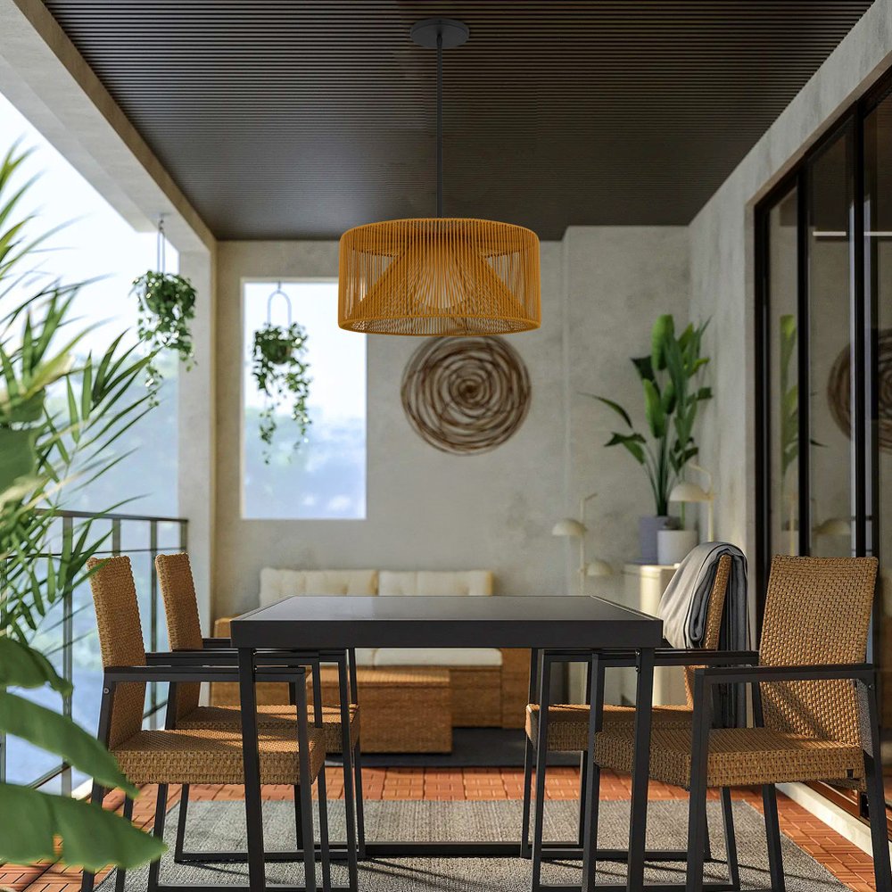 Natural And Black Rattan String And Metal LED Dimmable Outdoor Hanging Pendent Light