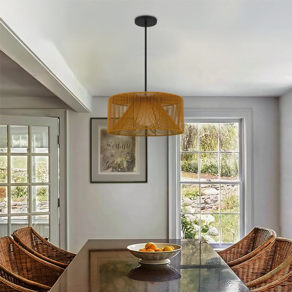 Natural And Black Rattan String And Metal LED Dimmable Outdoor Hanging Pendent Light