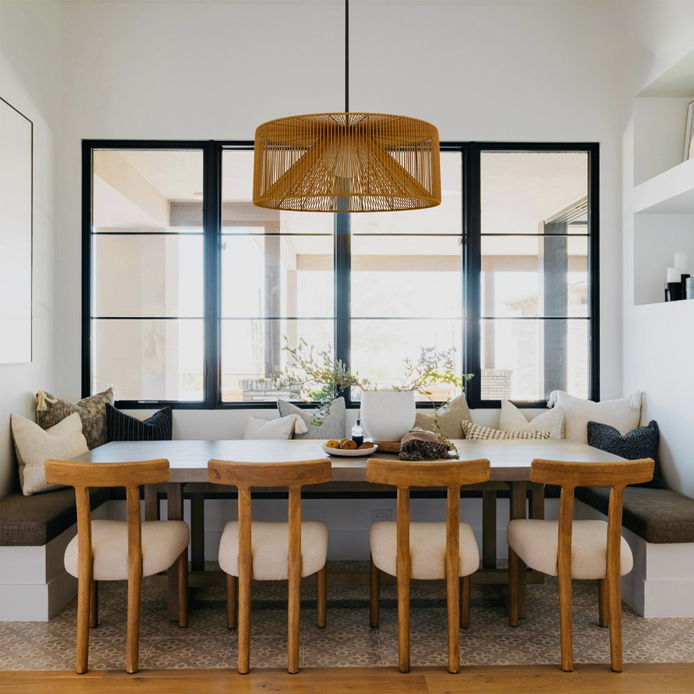 Natural And Black Rattan And Metal LED Dimmable Outdoor Hanging Pendent Light