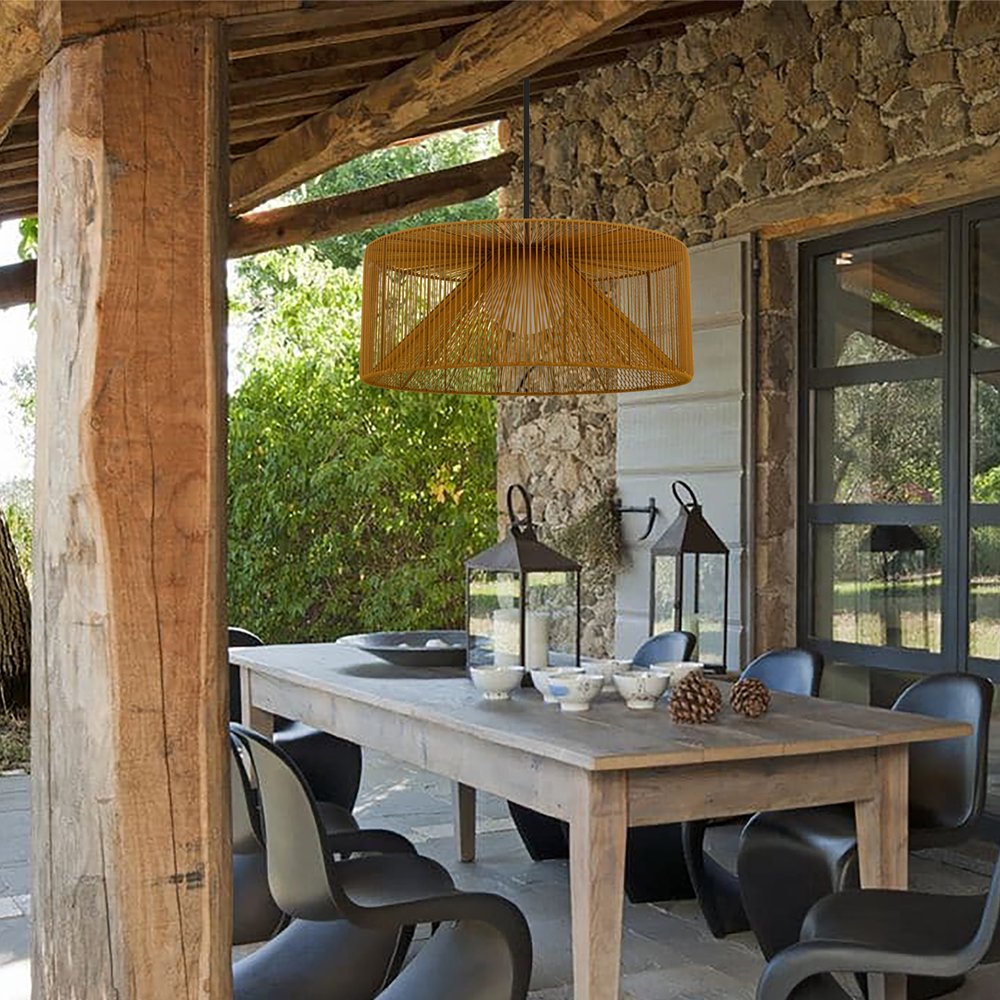 Natural And Black Rattan And Metal LED Dimmable Outdoor Hanging Pendent Light