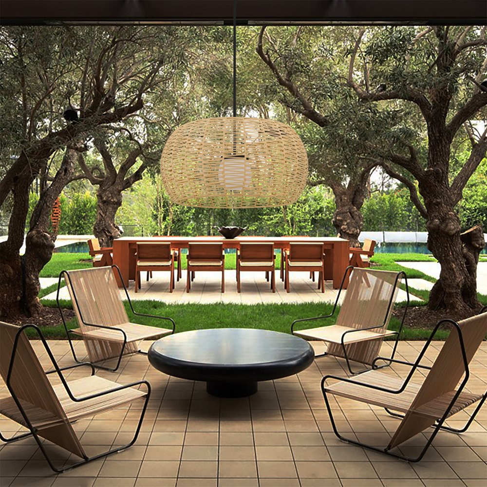 Natural And Black Rattan And Metal LED Dimmable Barrel Outdoor Hanging Pendent Light