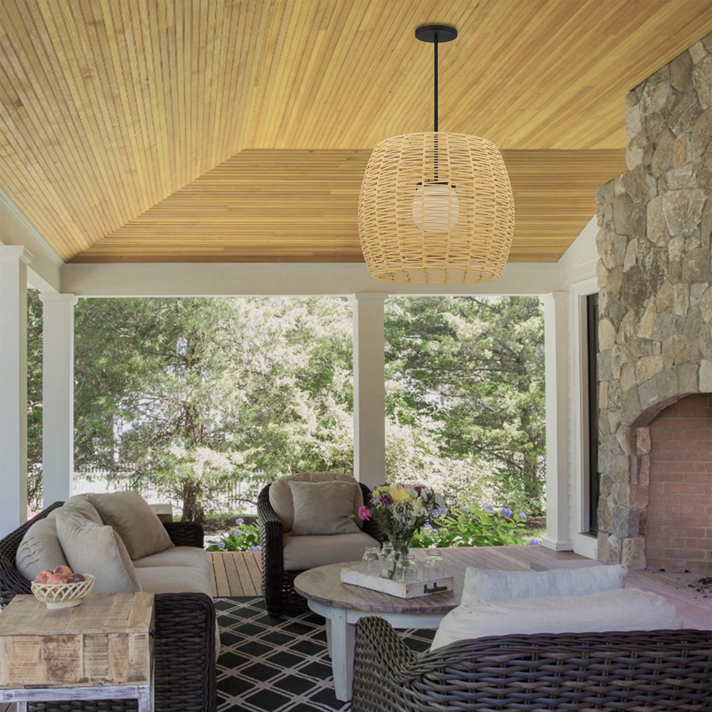 Natural And Black Rattan And Metal LED Dimmable Barrel Outdoor Hanging Pendent Light